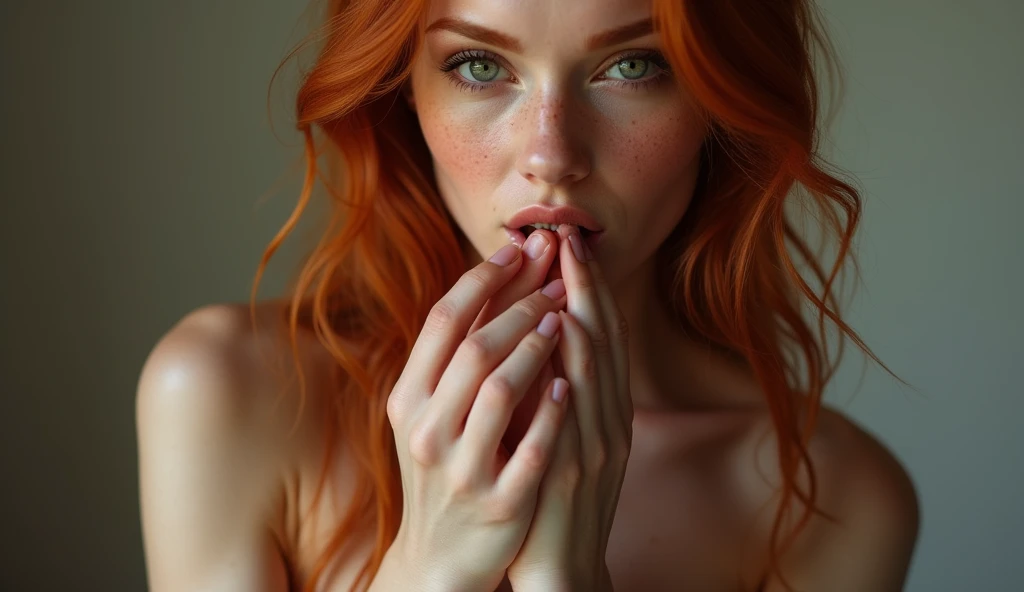 masterpiece, best quality, stunning redhead sucking and stroking a beautiful veiny erect penis, massaging testicles, deep throat