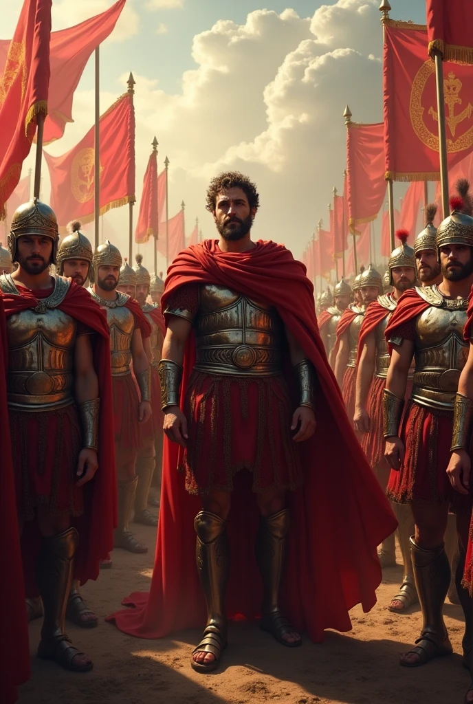 Marcus Aurelius imposing with soldiers and their armor