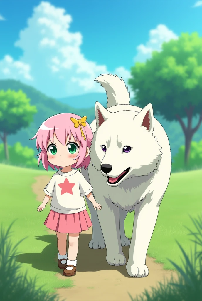 Anya is a girl with a cute appearance, She has light pink hair, Pale skin with a slight blush on the cheeks and large eyes with equally large and expressive green irises, The hair is shoulder length and features bangs.. spy family, walking in a landscape with his big white dog that reaches around his waist