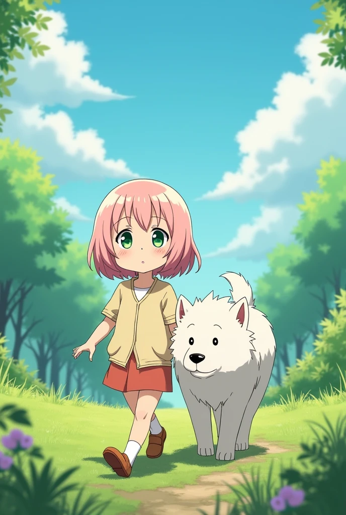 Anya is a girl with a cute appearance, She has light pink hair, Pale skin with a slight blush on the cheeks and large eyes with equally large and expressive green irises, The hair is shoulder length and features bangs.. spy family, walking in a landscape with his big white dog that reaches around his waist