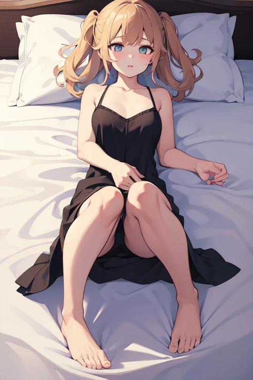 1girl, long shot, from above, full body, lying on bed, (knees together feet apart:1.1)