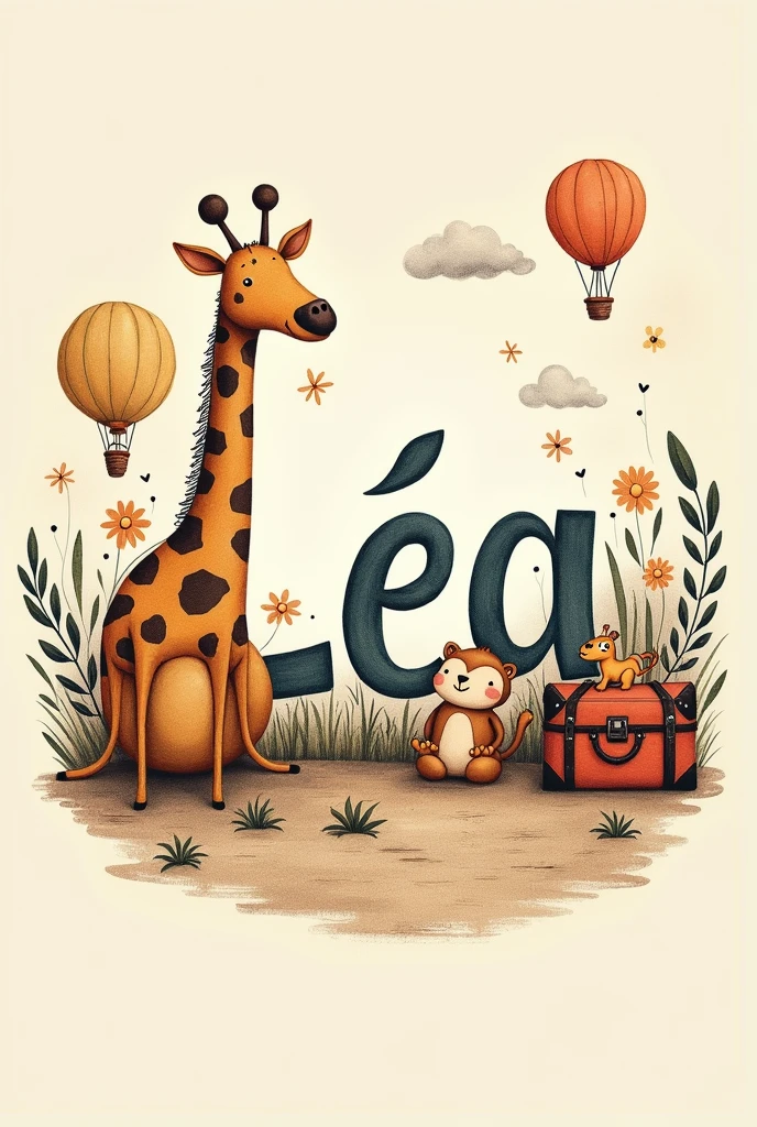 Un dessin  pour décorer une chambre  bébé avec l’inscription Léa   
Thème animaux, voyage , marron, beige 
