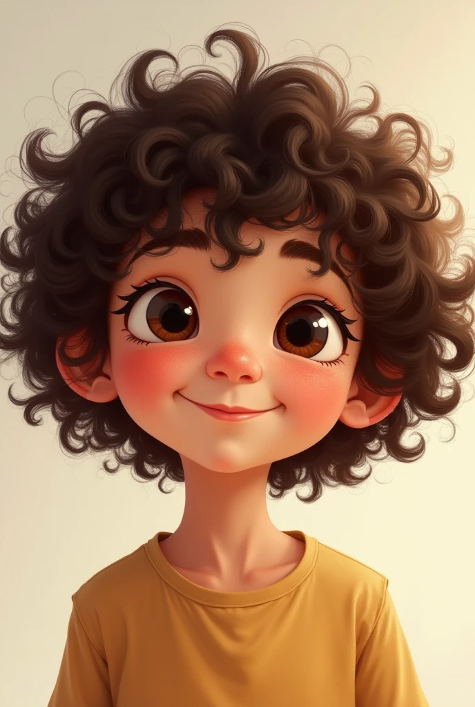 A teenager with big eyes, short brown curly hair brown eyes and chubby
