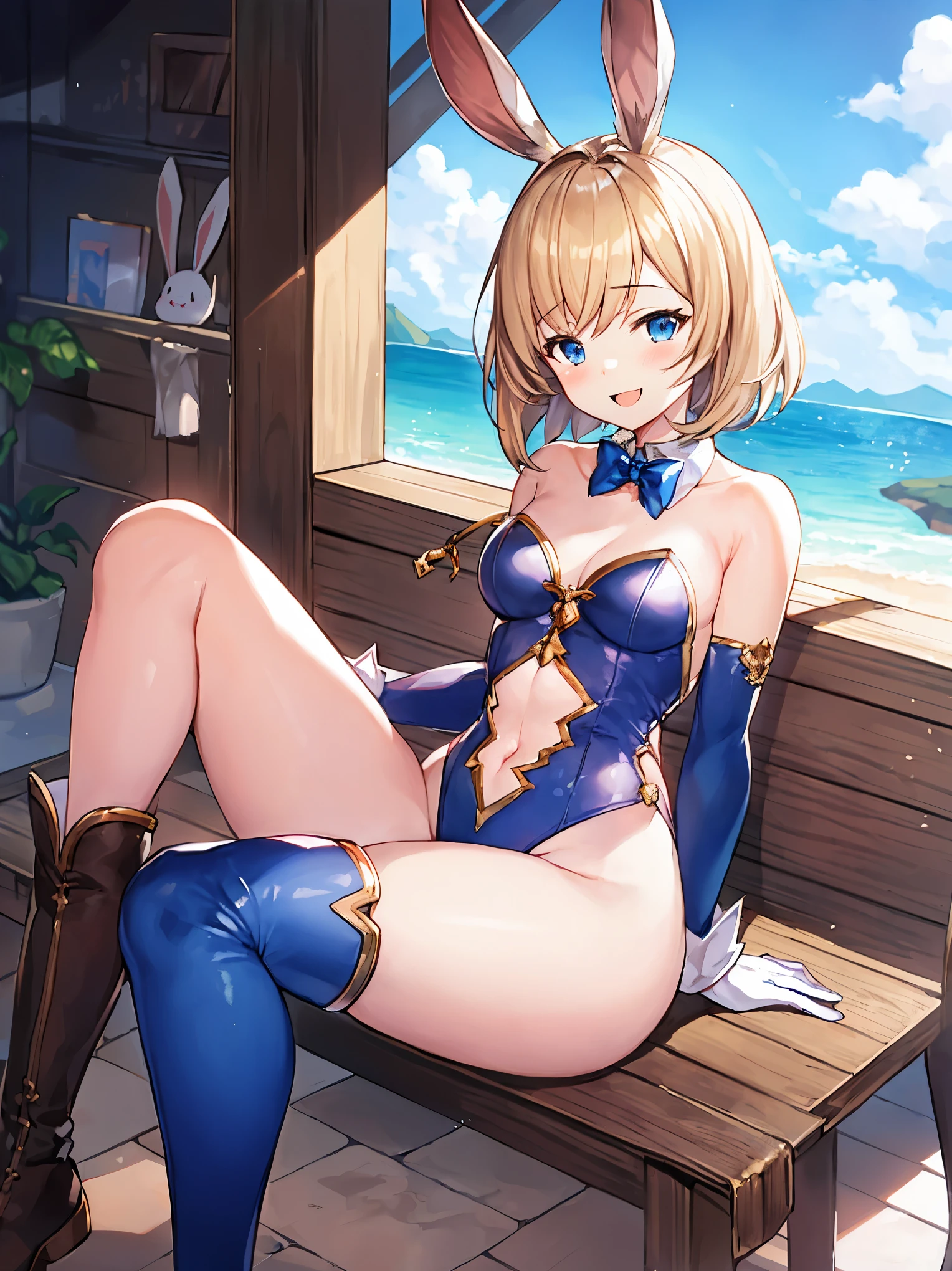 GRANBLUEfantasy,ung_teeirl,brown_hair,medium_bob_hair,platina_blond_hair,white_leotard,covered_crotch,thigh-highs,smile,standing,bluesky_landscape_background,slightly_spread_legs,happiness, short_gloves ,solo, r18, navel,relicbuster,short,boots,open_mouth,sitting,knees,blush,shy,bunny_ears,solo,
