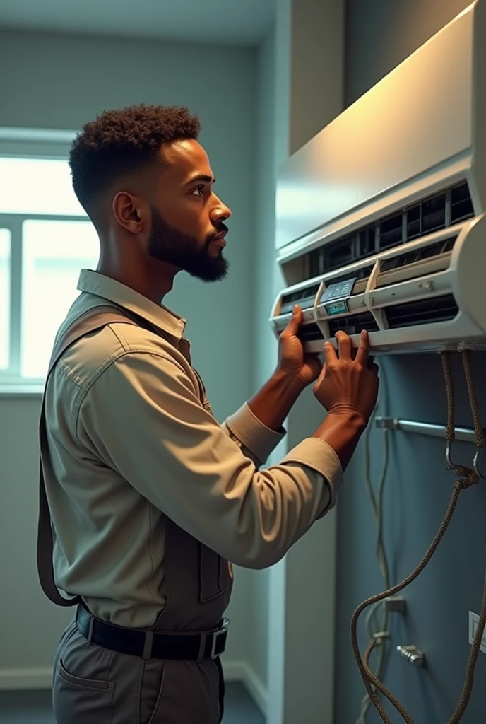 black man short hair cut, fiddling with an air conditioning unit as if he were working but in avatar form , doll is for creative professional air conditioning splinger