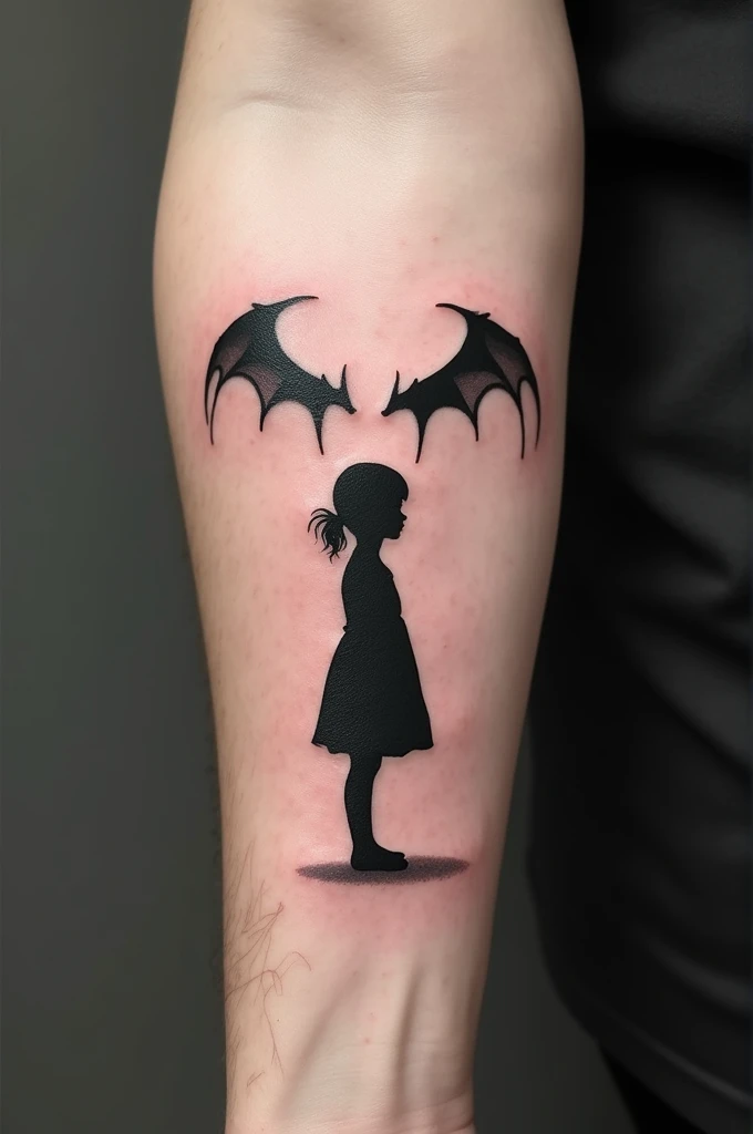 "Concevoir un tatouage minimaliste pour l'avant-bras d'un homme représentant la silhouette d'une . La silhouette est sobre, avec un léger remplissage en noir, capturant l'innocence de l'enfant. Cependant, l'ombre projetée par la fille est sombre et menaçante, prenant la forme d'une figure démoniaque. Le design global reste discret et épuré, avec des lignes nettes et un contraste marqué entre l'innocence de l'enfant et la nature sinistre de l'ombre