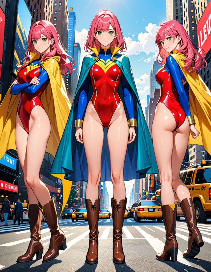 (masterpiece), (Highest quality), (High resolution), 1 Female, Tall body, Very detailed, Professional, Beautiful attention to detail, Beautifully detailed face, Perfect hands, Full Finger, Perfect Anatomy, Perfect Proportions, (( Let your hair down)), ((Green Eyes)), ((leotard, (red leotard), matching leotard)), (barefoot), (boots, matching boots, knee-high boots, yellow boots), chest, medium chest, (Full body portrait), View your viewers, alone, alone focus, Are standing, Place one hand on hip, Cowboy Shot, New York Background, ((Tight belt)), (Blue Sleeve, Yellow cuffs), ((Yellow Hawk/(symbol/)) chestに), ((Medium Cape, (Blue Cape))), Full body costume design.Girl with pink hair、blue eyes、Twin Drill