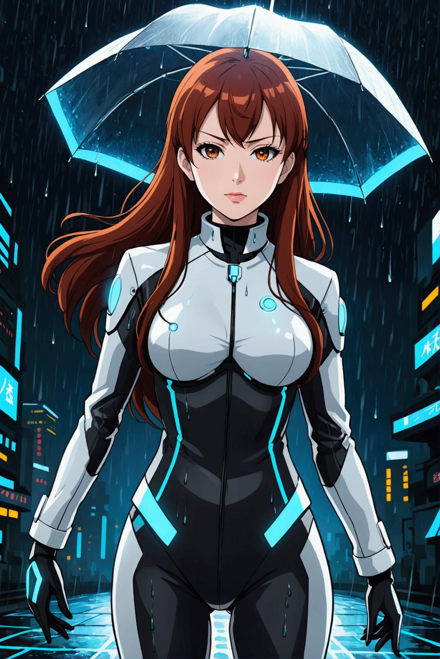 makise kurisu from steins gate anime in Tron movie style,rainy background ,tight suits