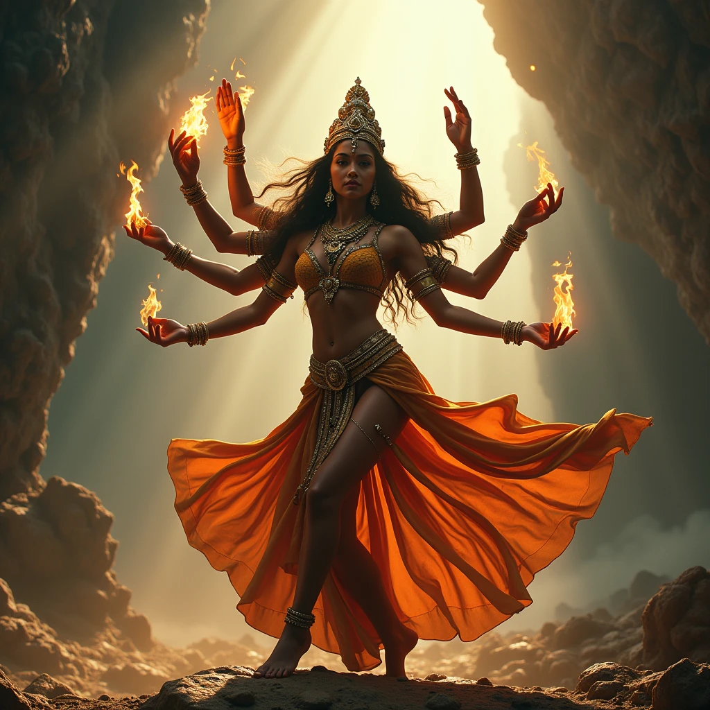 cinematic image of a majestic, multi-armed Hindu goddess dancing in tandava pose amidst a mystical universe. goddess is adorned with intricately detailed jewelry, including ornate bracelets, anklets, and an elaborate headdress that glimmers with golden accents and precious stones, Each arm is gracefully positioned, with one hand holding a flaming torch, casting a warm, ethereal glow that illuminates the surrounding area. goddess 's attire consists of flowing, richly textured fabrics that swirl dynamically with the movement, showcasing intricate patterns and vibrant colors, The background features creation of universe. Rays of light filter through the canopy, creating a magical interplay of light and shadow. The overall atmosphere is one of awe and reverence, with a harmonious blend of sharp focus on the deity's intricate details ,cinematic depth of field, sharp focus, shallow, filmic f/22 aperture, Arri Alexa 35, film grain, Cinematic film still, color-graded, post-processed aesthetic, evoking the cinematic quality of 35mm film,razor-sharp,16k resolution, with precise, photorealistic details.