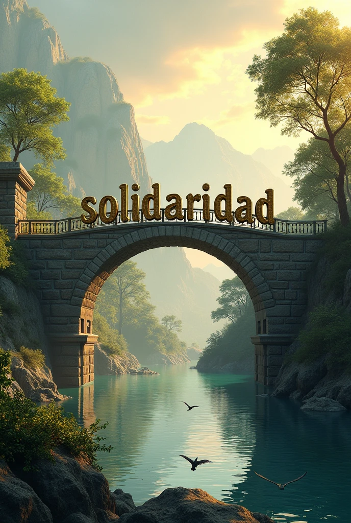 A beautiful bridge and on it the word solidarity in Spanish
