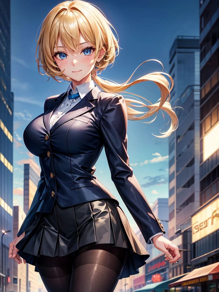 Anime style, super fine illustration, highly detailed, beautiful detailed, perfect detailed, super high quality image, static representation, gentle expression, happy expression, the pretty image, super stylish, 8k, beautiful face, handsome face, perfect 1girl with blonde straight short hair & blue eyes & a bright smile & full bust & soft fair skin is a career woman supervisor who is not to show her skin wearing big light blue business shirt & black summer tailored jacket & black tight skirt & black hose on the urban business buildings street, in the morning, solo, perfect fingers, no more fingers, no less fingers, perfect arms, no more arms, perfect legs, no more legs, no more hair, masterpiece.