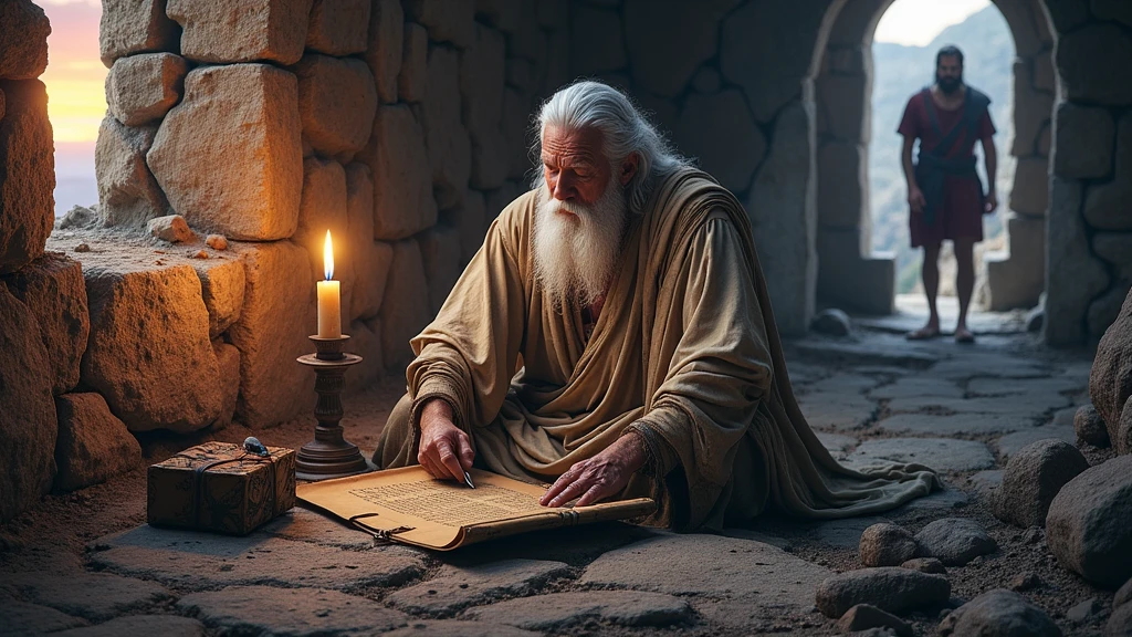 A captivating and beautiful cinematic scene, the year is 2000 BC, an elderly man of Hebrew descent, his name is John, apostle of Jesus Christ, clothes is a tunic from the time of the Roman Empire, the man is 7, long white hair, big, well-groomed white beard, is imprisoned in a Roman prison inside a rock cell inside a rock, just a small window with rays of vivid sun ,where the landscape is the beautiful sunset at sea, on his knees he is just writing with fine charcoal on a beautiful brown leather parchment , your clothes torn and dirty,a candlestick is lit next to you , a Roman soldier of the rank of Roman centurion escorts the condemned man outside the cell, the prison is lit by torches, the island of Patmos Rocky.