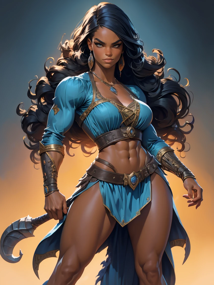 A woman with long hair and a blue top is standing a female black lady from the early 18th century based on Serena Williams, Dungeons and Dragons 5th edition style illustration, cinematic, fantasy painting, highly detailed, black outlining, full color illustration, in the style of BORIS VALLEJO & JULIE BELL