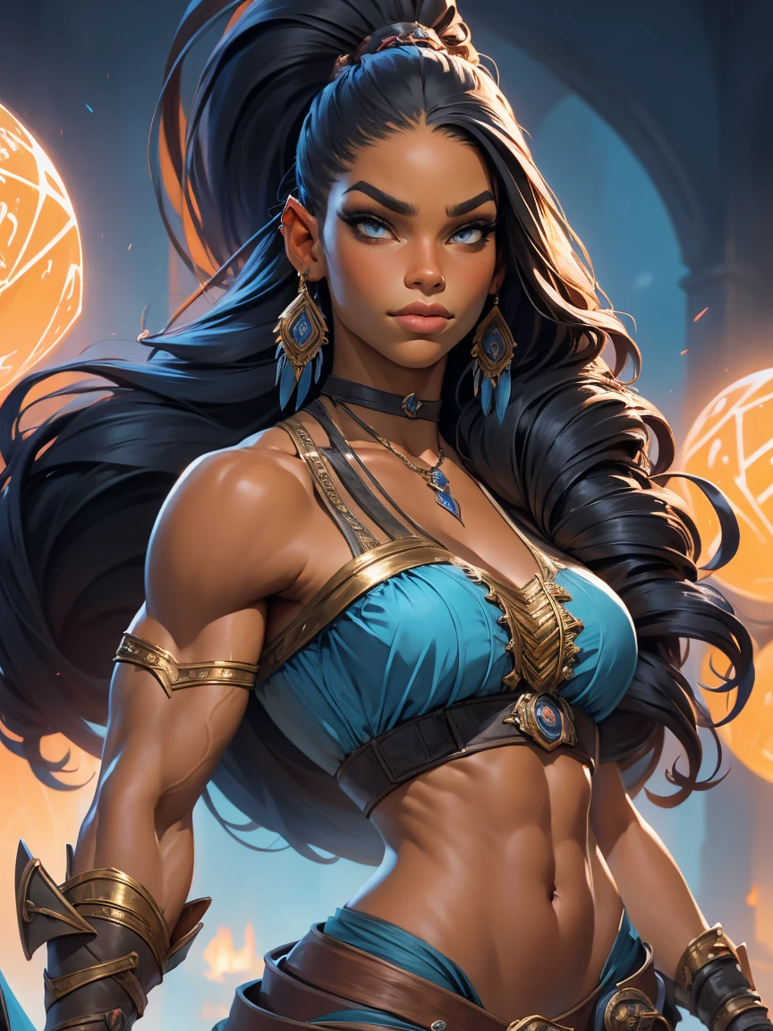 A woman with long hair and a blue top is standing a female black lady from the early 18th century based on Serena Williams, Dungeons and Dragons 5th edition style illustration, cinematic, fantasy painting, highly detailed, black outlining, full color illustration, in the style of BORIS VALLEJO & JULIE BELL