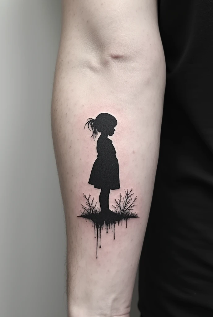 "A minimalistic forearm tattoo for a man featuring a silhouette of a young girl. The silhouette is simple with light black shading, symbolizing innocence. The shadow she casts, however, is dark and demonic, contrasting sharply with the girl's pure form. The design should be clean, with subtle line work, emphasizing the eerie contrast between the child's innocence and the sinister nature of the shadow