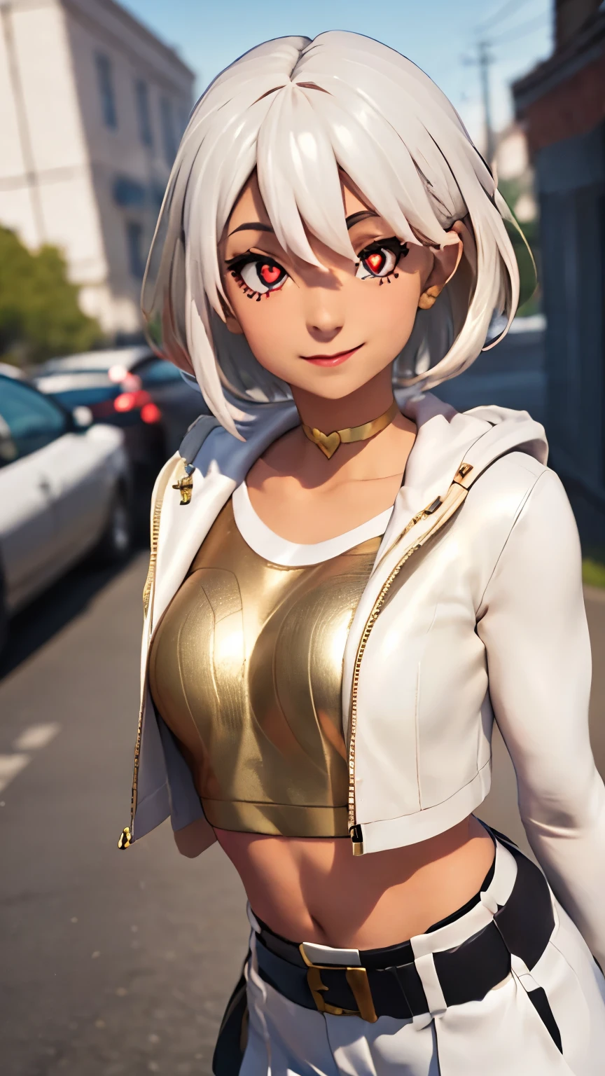 City background, 1girl, solo, AphroditeFN, Aphrodite from fortnite, dark-skinned female,  (crop top, gold top, open clothes), (jacket crop top, white jacket, jacket loose), white hair, short hair, lipsticks, smirk, heart, close up, heart-shaped_pupils, looking at viewer,