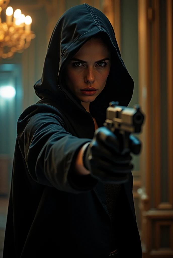 Scarlett Johnson qui porte unecagoule et qui porte des gants avec un pistolet et quei fait un braquage dans une chambre elle ressemble les objets de valeur