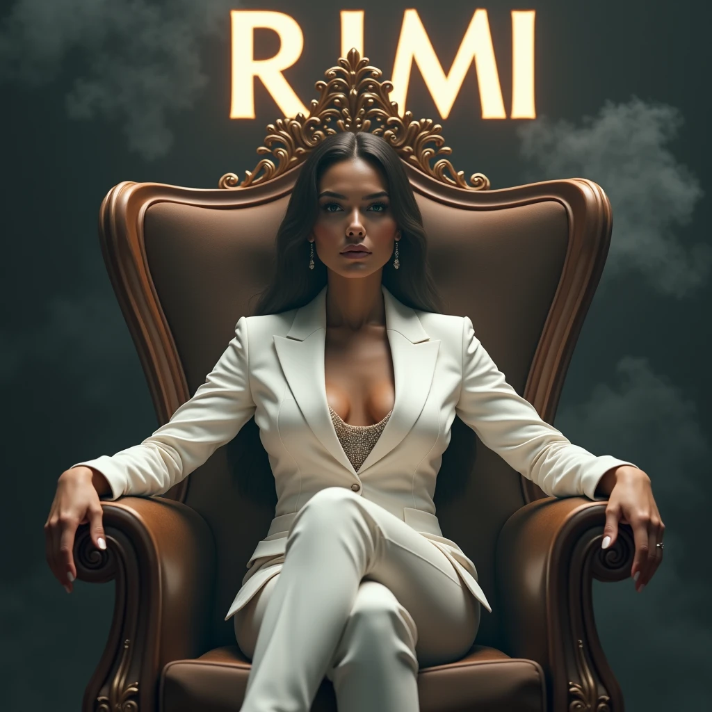 Create a realistic image where a woman wearing white luxury suit like a boss and sitting on a queen size chair like boss with crown 👑, she's holding a 🍷 wine glass in her hand, there is smoke in background a shadow. In background the name "RIMI" is showing in bold reflection in shadows just above the chair 