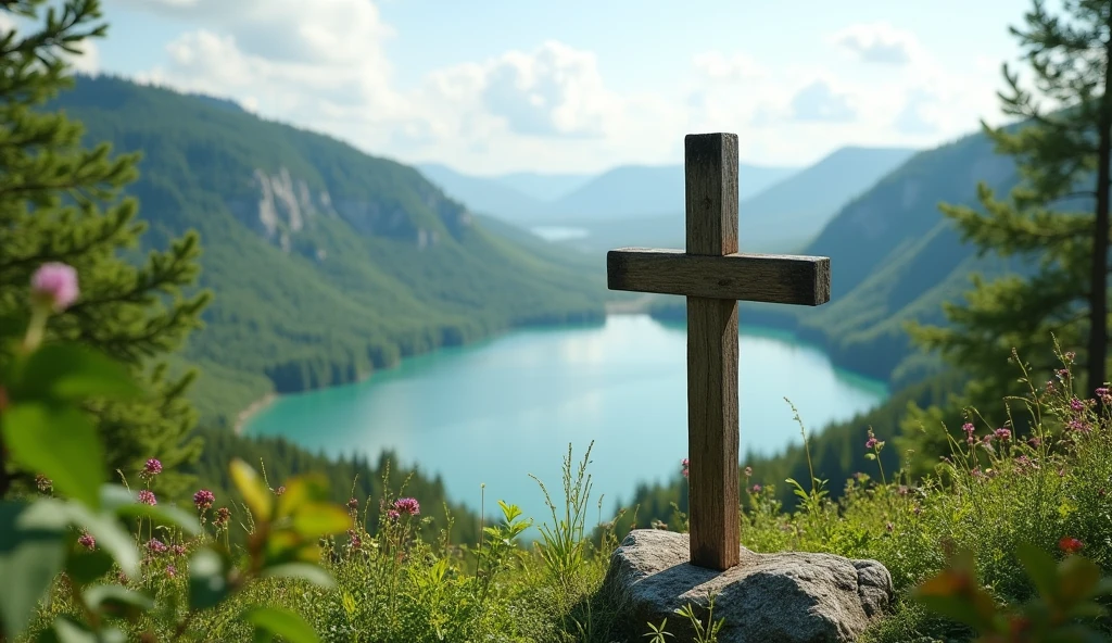 make image of plant geography romania mainly capital area, in the summer, with an idea of faith, add a wooden cross to all images, high environments with a beautiful lake.
