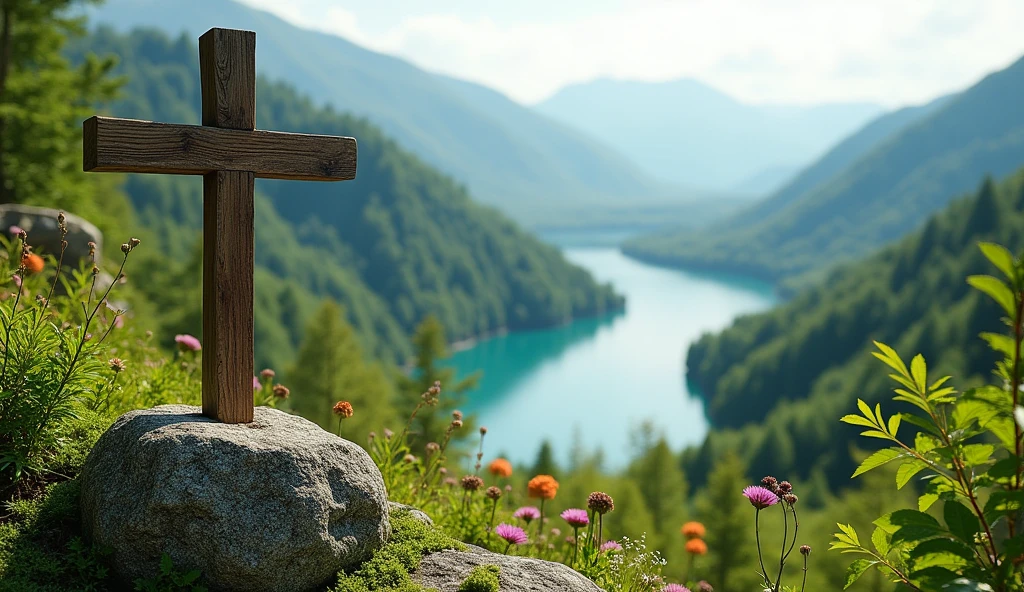 make image of plant geography romania mainly capital area, in the summer, with an idea of faith, add a wooden cross to all images, high environments with a beautiful lake.