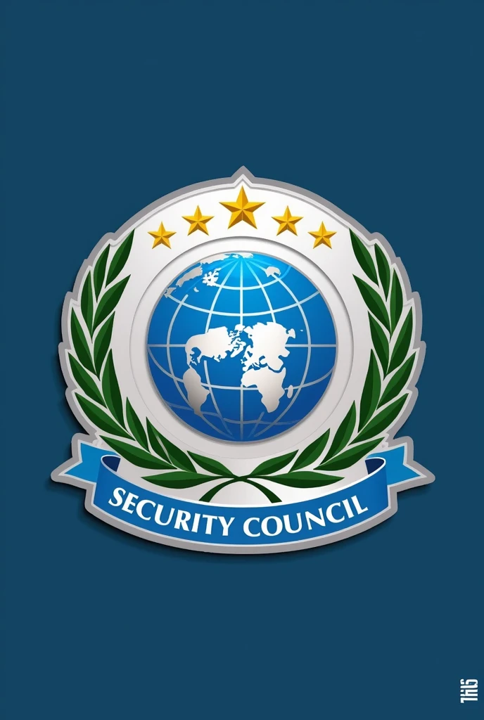 Un logo del Security Council de las Naciones Unidas con un globo terráqueo estilizado en azul, surrounded by two green olive branches, five (5) Golden stars framing the globe at the top, Name "Security Council" within a band with a modern and clear typography at the bottom, in white or gold. a silver-colored border that encloses everything. that is not realistic