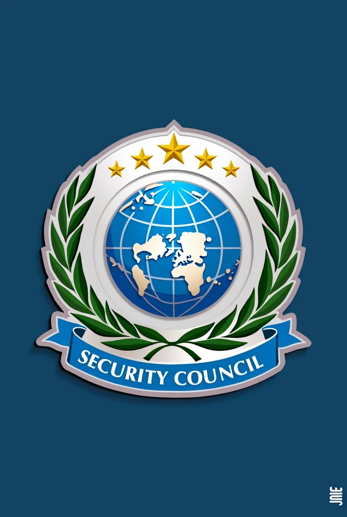 Un logo del Security Council de las Naciones Unidas con un globo terráqueo estilizado en azul, surrounded by two green olive branches, five (5) Golden stars framing the globe at the top, Name "Security Council" within a band with a modern and clear typography at the bottom, in white or gold. a silver-colored border that encloses everything. that is not realistic