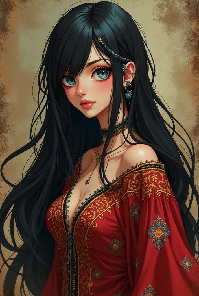 An anime androgynous gypsy man with long hair black, blue deep eyes and gypsy red and gold clothes and flirty expression