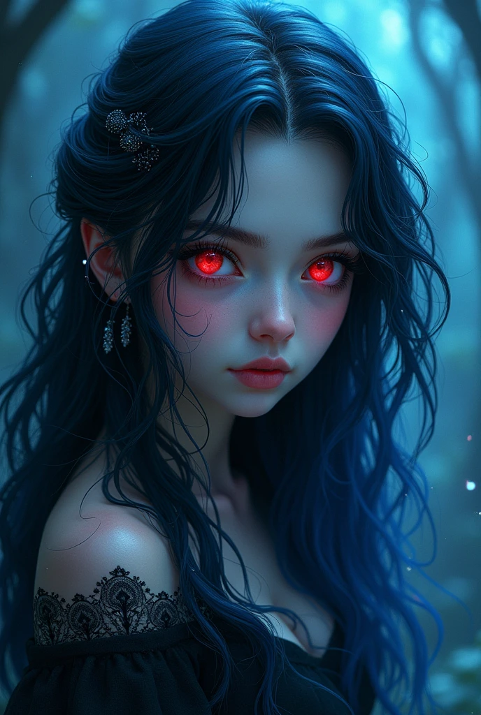Beautiful girl with black and blue hair and red eyes