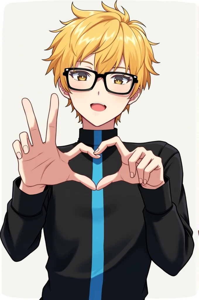 Generates a male anime character with blond hair, black glasses and a black shirt with a blue vertical line and hands making a heart