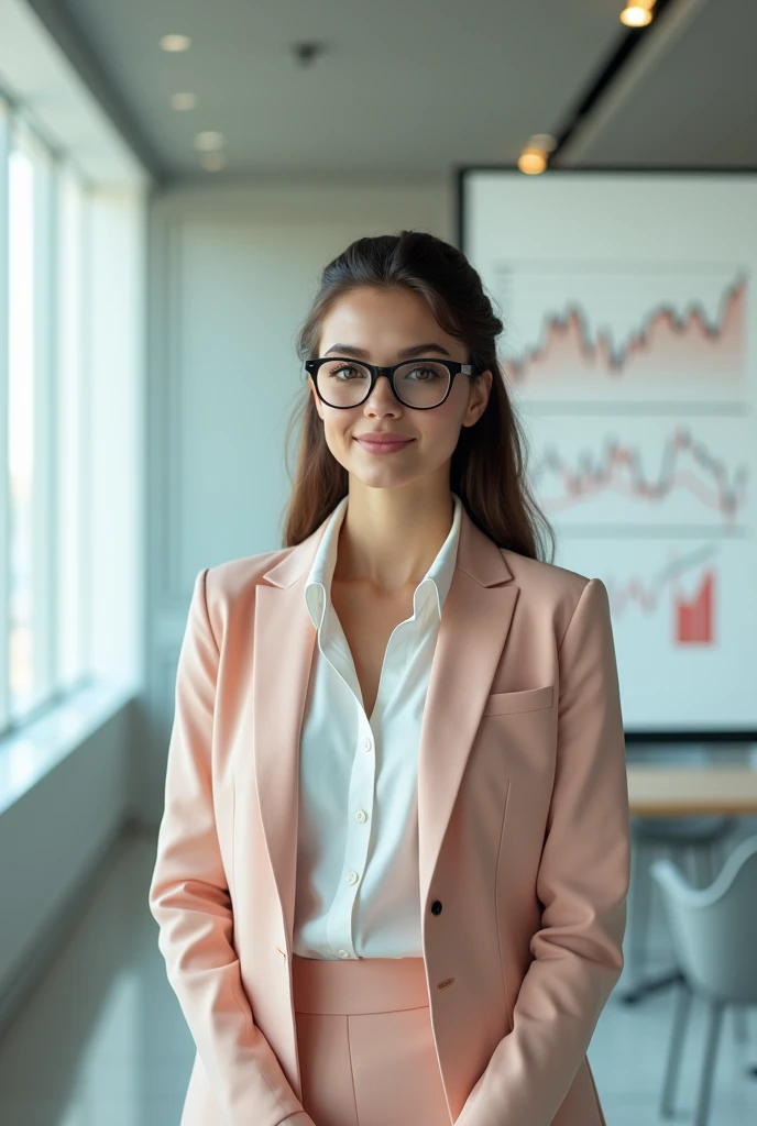 a beautiful young European woman exuding an air of confidence and intellect in a sleek modern office space beside a complex financial chart on the wall, you can feelher analytical mind at work, straight in the camera gaze, slightly smiling, full body, top model measurements, office dresscode in pastel colors, wearing glasses, cute face, still very professional, by Alejandro Burdisio