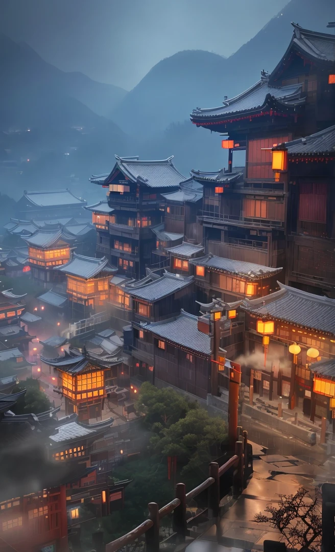 arafed view of a village with a lot of lights on the buildings, dreamy chinese town, chinese village, amazing wallpaper, japanese town, japanese village, hyper realistic photo of a town, old asian village, japanese city, by Raymond Han, rainy evening, cyberpunk chinese ancient castle, beautifully lit buildings, at evening during rain, beautiful and aesthetic, photography, cinematic, 8k, high detailed ((Heavy rain)))