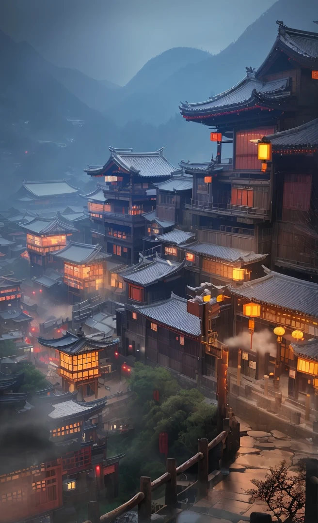 arafed view of a village with a lot of lights on the buildings, dreamy chinese town, chinese village, amazing wallpaper, japanese town, japanese village, hyper realistic photo of a town, old asian village, japanese city, by Raymond Han, rainy evening, cyberpunk chinese ancient castle, beautifully lit buildings, at evening during rain, beautiful and aesthetic, photography, cinematic, 8k, high detailed ((Heavy rain)))