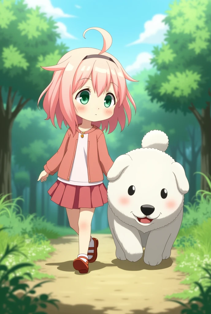 Anya is a girl with a cute appearance, She has light pink hair, Pale skin with a slight blush on the cheeks and large eyes with equally large and expressive green irises, The hair is shoulder length and features bangs.. It's from the spy family anime series, walking in a landscape with his big white dog that reaches around his waist