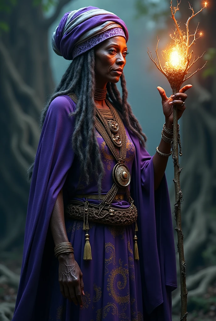 Orisha woman dressed in dark blue with a shiny spiral in her hand, uncrowned...