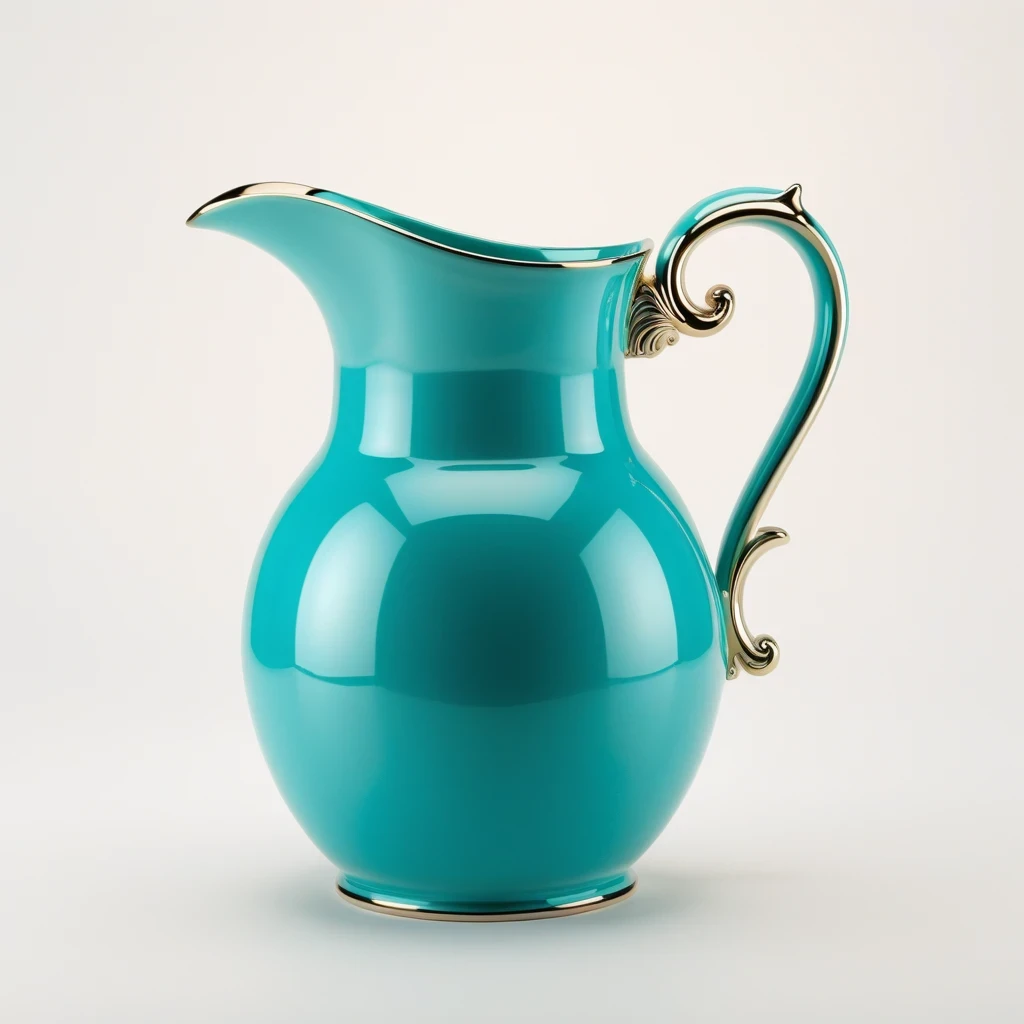 ((Masterpiece)), ((Best Quality)), (Very Detailed), ((Very Detailed)), 4K, (8K), very aesthetic, absurdres highres, A turquoise ceramic pitcher with a glossy finish, featuring a handle on the right side. The pitcher should taper slightly towards the bottom and be set against a light, soft contrasting background.
