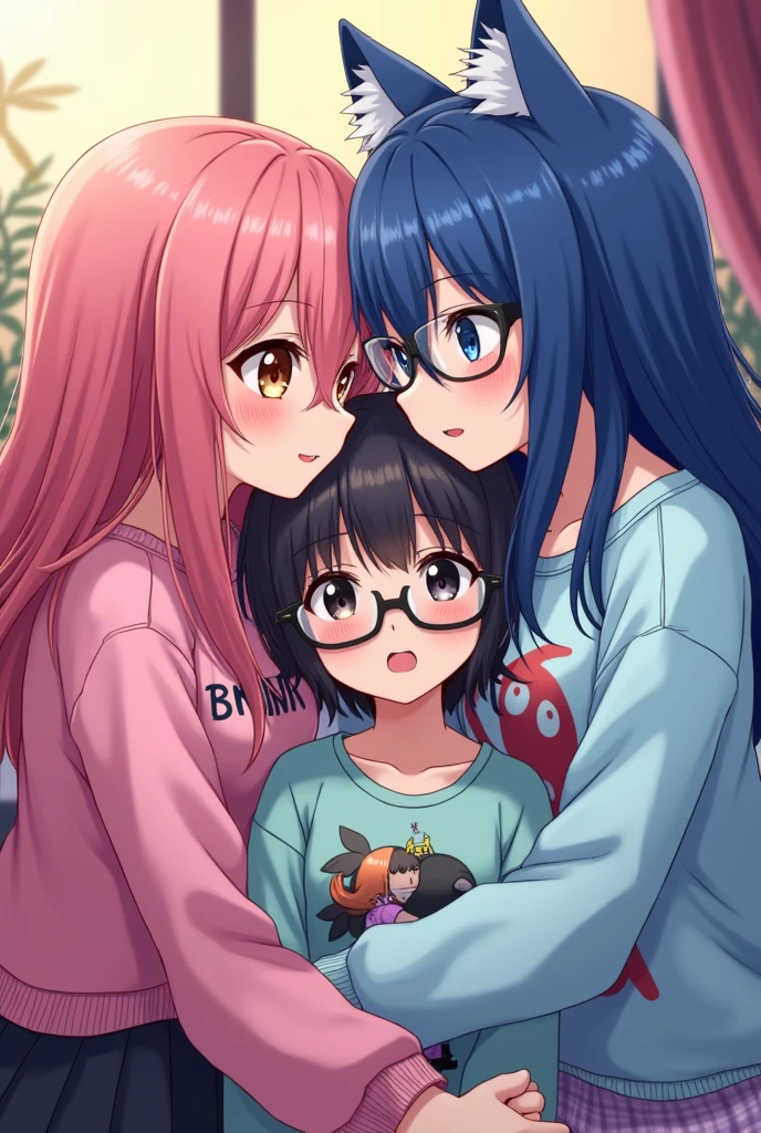 A threesome/ anime there with three girls, one has long pink hair, brown eyes and a pink among us blouse, the other one has short black hair, eyes black, wears black glasses,a serious face and a blouse of a yaoi couple ,and the other girl has long blue hair , blue colored eyes, cat ears and wears a light blue oversized sweatshirt, the little one
