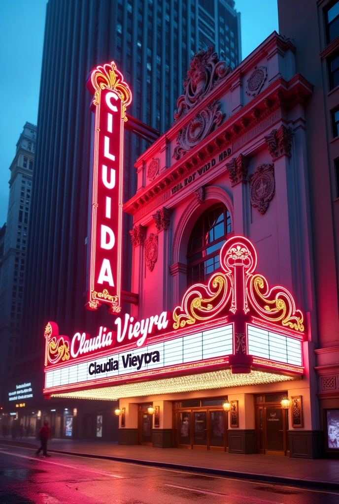 A big neon sign that reads "Claudia Vieyra" on a big marble theatre on the city