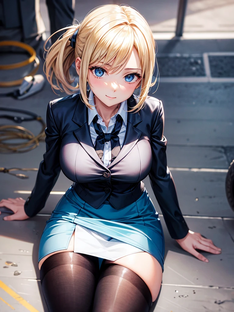 Anime style, super fine illustration, highly detailed, beautiful detailed, perfect detailed, super high quality image, static representation, gentle expression, happy expression, the pretty image, super stylish, 8k, beautiful face, handsome face, perfect 1girl with blonde straight short hair & blue eyes & a bright smile & full bust & soft fair skin is a career woman supervisor who is not to show her skin wearing big light blue business shirt & black summer tailored jacket & black tight skirt & black pantyhose on the urban business buildings street, in the morning, solo, perfect fingers, no more fingers, no less fingers, perfect arms, no more arms, perfect legs, no more legs, no more hair, masterpiece.