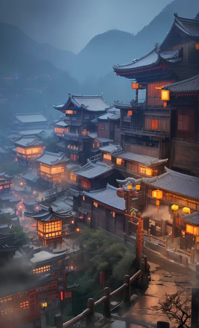 A dreamy ancient Chinese village at night, with beautifully lit buildings, heavy rain, rainy evening, cinematic, 8k, high detailed, photo-realistic, masterpiece, (best quality, 4k, 8k, highres, masterpiece:1.2), ultra-detailed, (realistic, photorealistic, photo-realistic:1.37), HDR, UHD, studio lighting, ultra-fine painting, sharp focus, physically-based rendering, extreme detail description, professional, vivid colors, bokeh, cyberpunk, amazing wallpaper, by Raymond Han