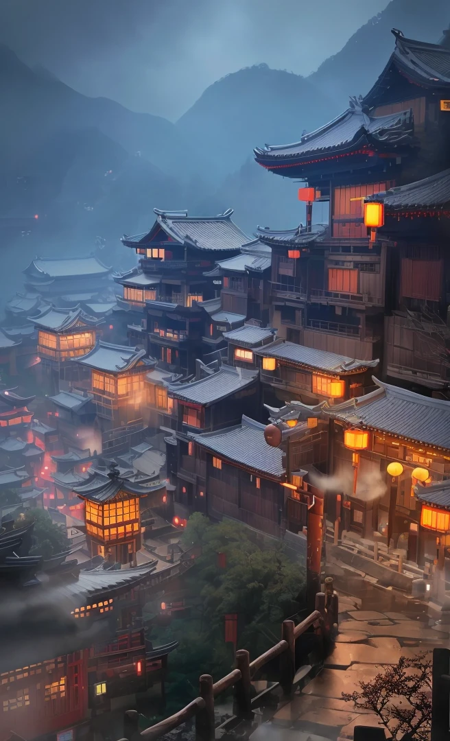 A dreamy ancient Chinese village at night, with beautifully lit buildings, heavy rain, rainy evening, cinematic, 8k, high detailed, photo-realistic, masterpiece, (best quality, 4k, 8k, highres, masterpiece:1.2), ultra-detailed, (realistic, photorealistic, photo-realistic:1.37), HDR, UHD, studio lighting, ultra-fine painting, sharp focus, physically-based rendering, extreme detail description, professional, vivid colors, bokeh, cyberpunk, amazing wallpaper, by Raymond Han