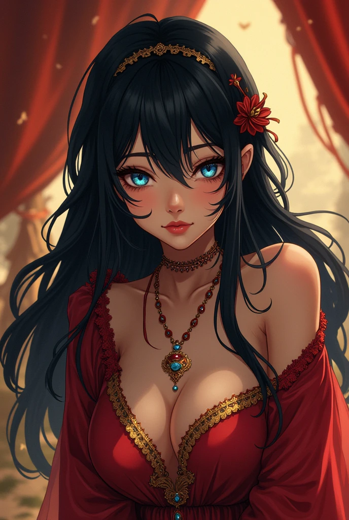 An anime androgynous gypsy MAN with long hair black, blue deep eyes and gypsy red and gold clothes and flirty expression