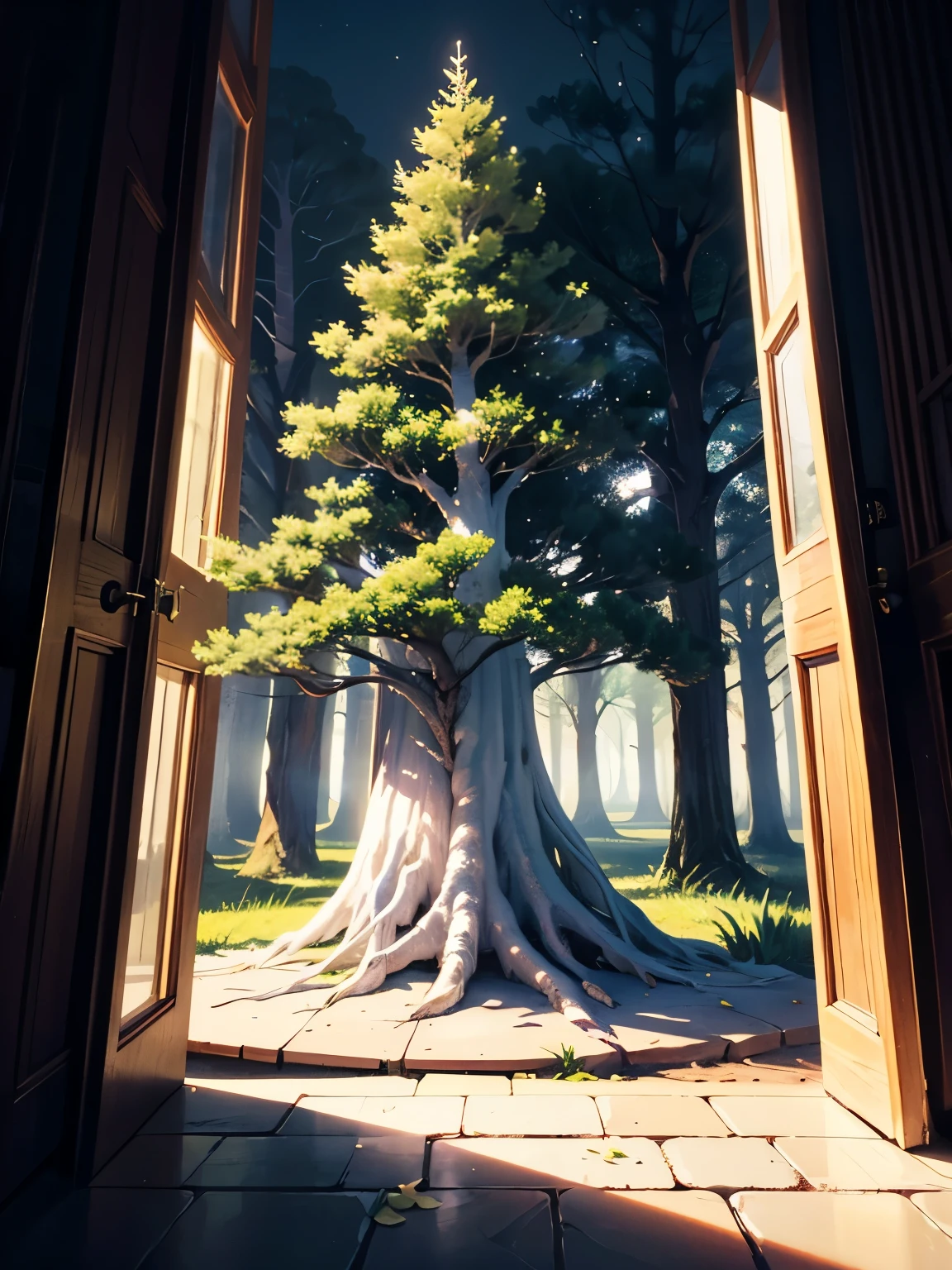 Magical tree, white tree, fantasy forest, white leaf, shining tree, fantasy tree, masterpiece, dark and bright, shadows, night