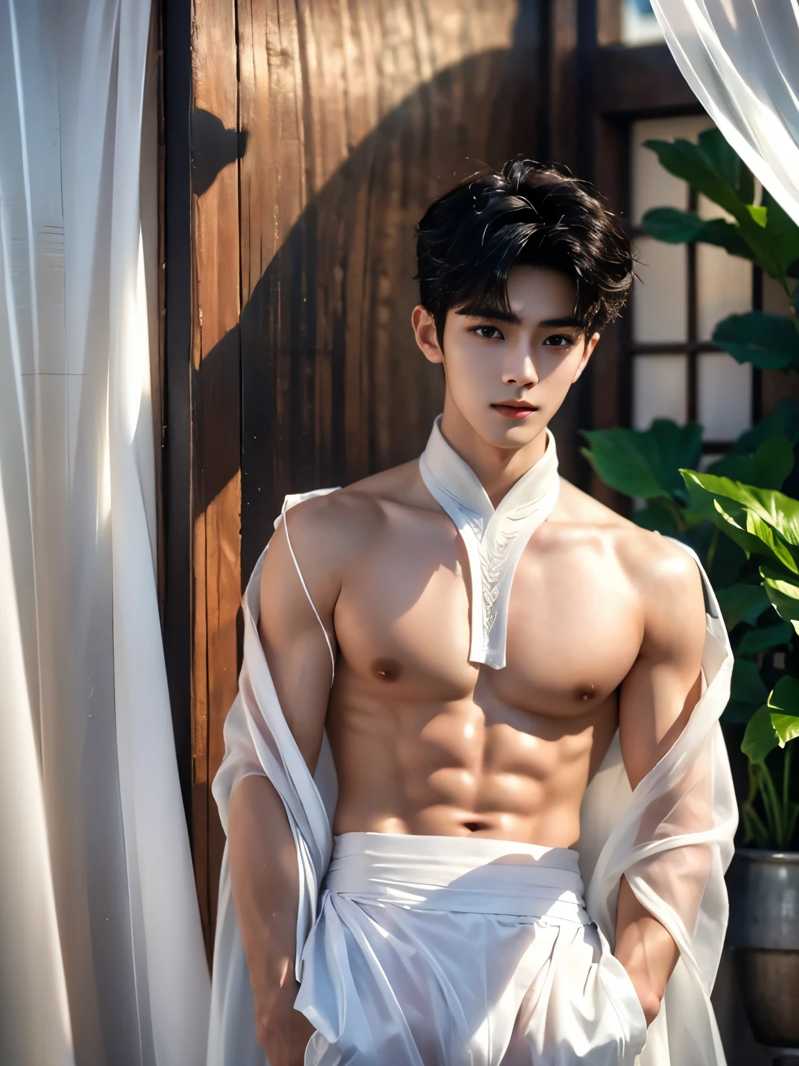 (A asian pretty Boy, cute boy, Nude posing:1.1), (absurdres, realistic, ,masterpiece:1.2), best quality, 8K,1boy, ulzzang boy, japanese idol, very handsome, perfect face, Intricate details, Extremely detailed, Practical:1.5, professional photography, Bright colors, Clear focus, young, slender, muscular, Light muscle definition, slim muscular, (perfect Hands, 5 fingers) , Black short hair, innocenteyes, Clear and beautiful eyes, Playful expression, soft skin, Correct anatomy, male focus, (open white transparent hanfu, white thong, white transparent tulle pants:1.2), flowers, Studio Lighting, gentlesunlight, Subtle shadows, Warm colors, full-body shot, Chinese courtyard background,