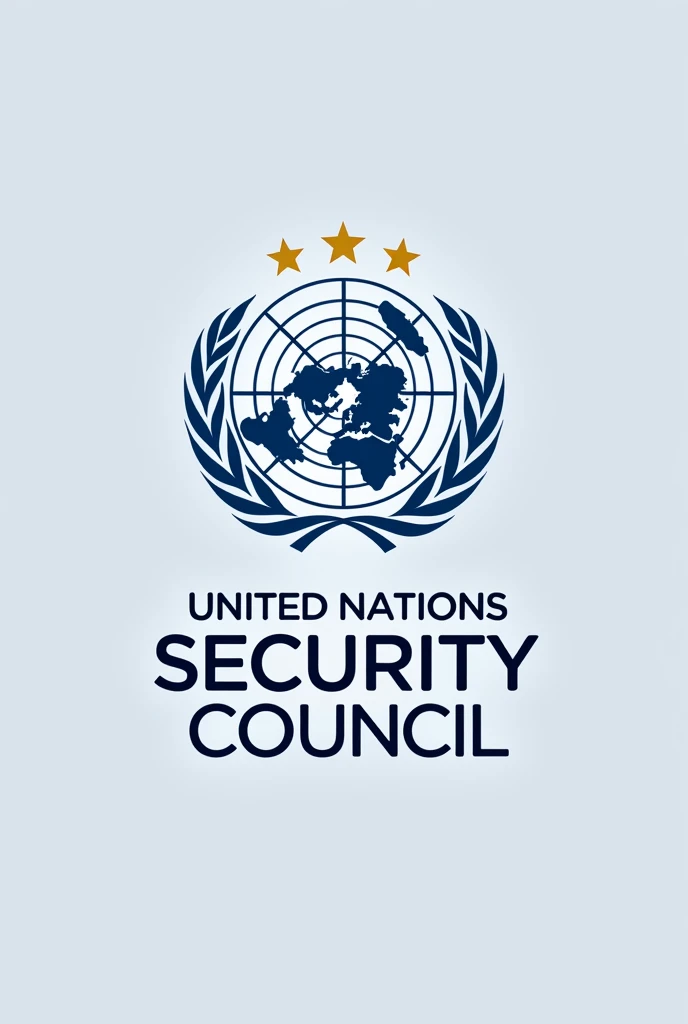 Un logo del Security Council de las Naciones Unidas con un globo terráqueo estilizado en azul, surrounded by two olive branches , five (5) Golden stars framing the globe at the top, Name "Security Council" within a band with a modern and clear typography at the bottom, in white or gold. a silver-colored border that encloses everything. Let it be formal