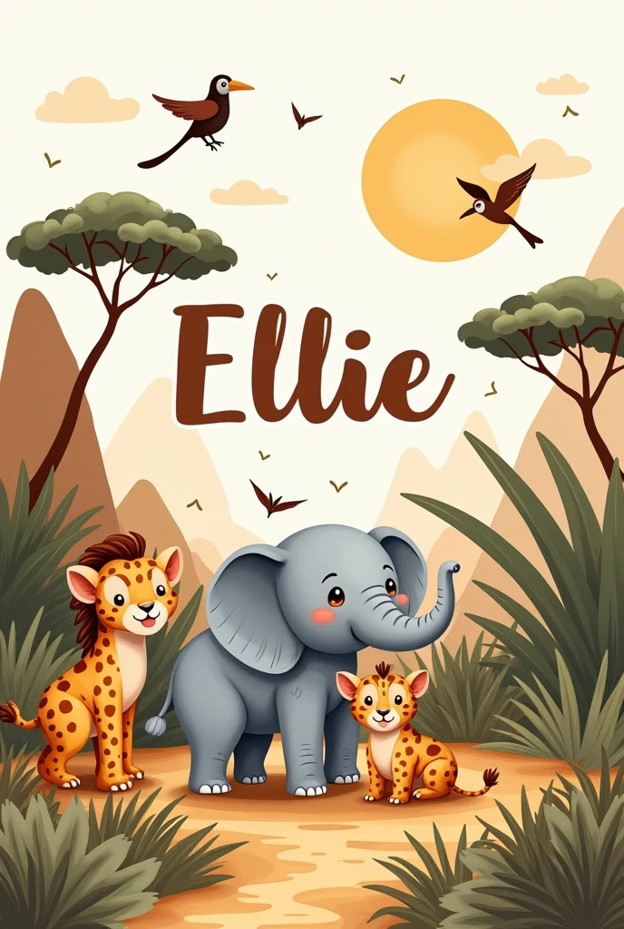 Un dessin  pour décorer une chambre  bébé avec l’inscription Ellie   
Thème animaux, voyage , marron, beige 