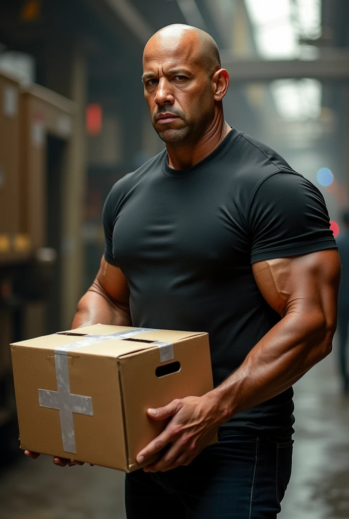vin diesel has a courier company's box in his hand.
