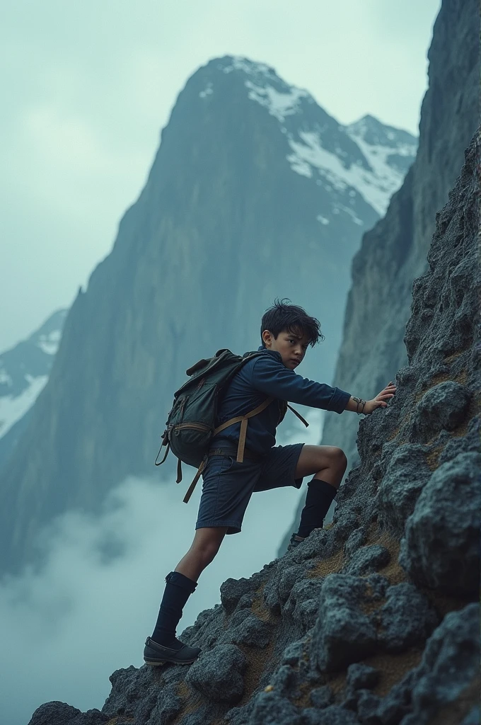 A boy who had a bag in his sholder and hardly try to climb up a  mountain.  The image back ground is cloudy and dark . 