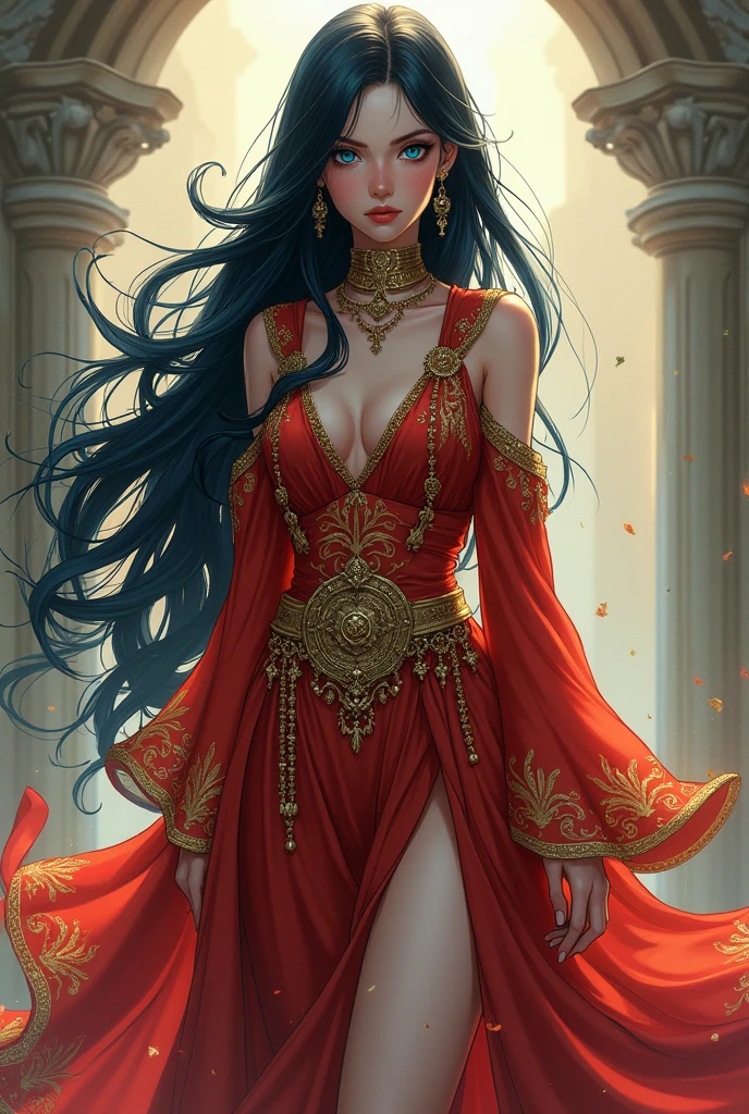 An anime androgynous gypsy MAN with long hair black, blue deep eyes and gypsy red and gold clothes