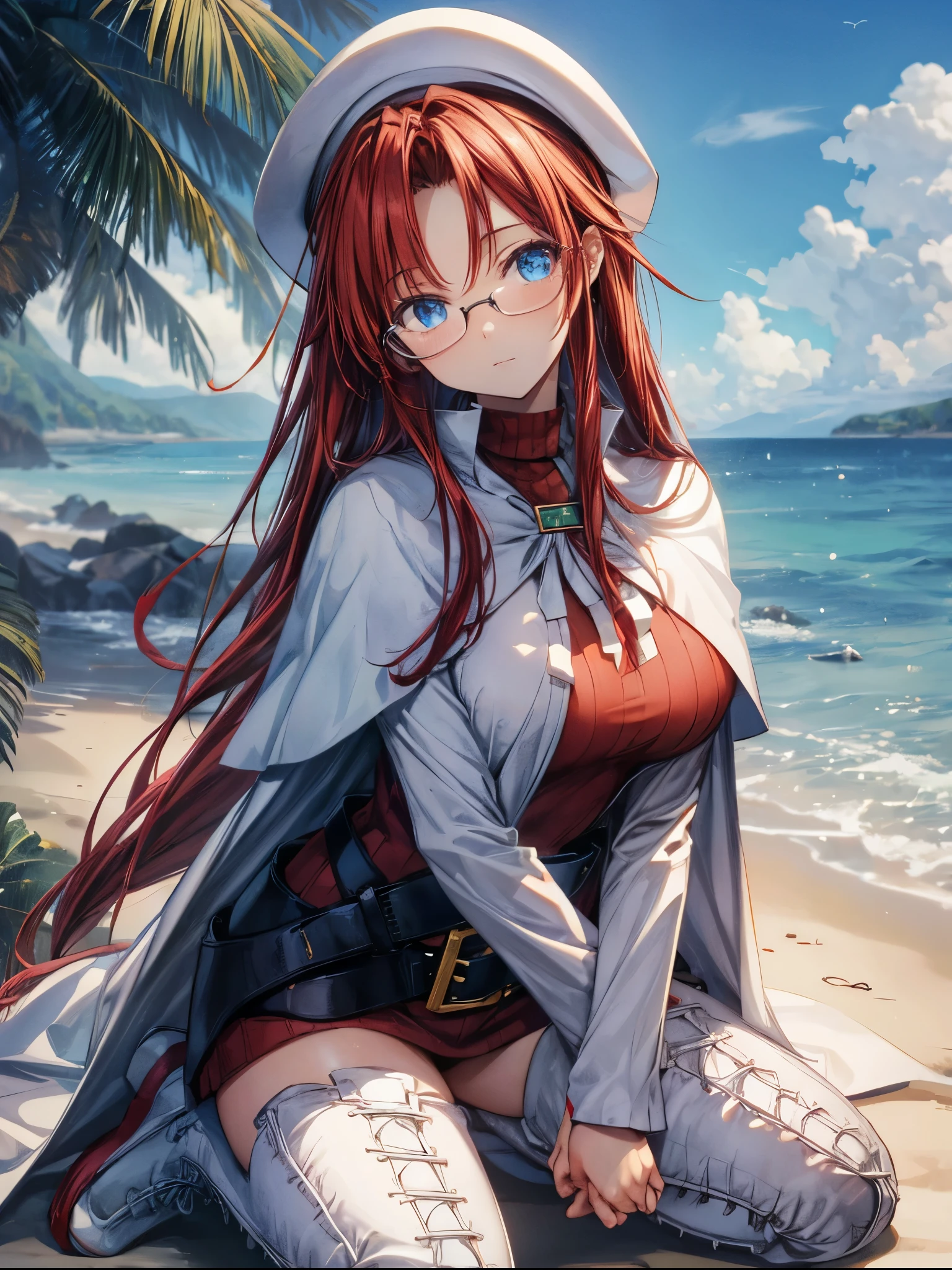 summonnightaty, aty, (young:1.3),long hair, blue eyes, red hair, big_tits, hat, glasses,
BREAK long hair, thighhighs, dress, glasses, belt, cape, sweater, zettai ryouiki, beret, thigh boots, white footwear, ribbed sweater, loose belt,solo,
BREAK outdoors, fantasy,
,Highquality_hads,perfect_fingers,
BREAK (masterpiece:1.2), best quality, high resolution, unity 8k wallpaper, (illustration:0.8), (beautiful detailed eyes:1.6), extremely detailed face, perfect lighting, extremely detailed CG, (perfect hands, perfect anatomy),covered_nipples,covered_navel ,half_eyes,long_sword,sleepy_eyes,red_sweater,apart_knees,spread_legs, book,have_a_book,teacher,rise_knee,light_Smile,rise_hand,open_arms,beach_landscape,,plump,open_mouth, dynamic_posing,solokneeling, slouch,half_eyes,