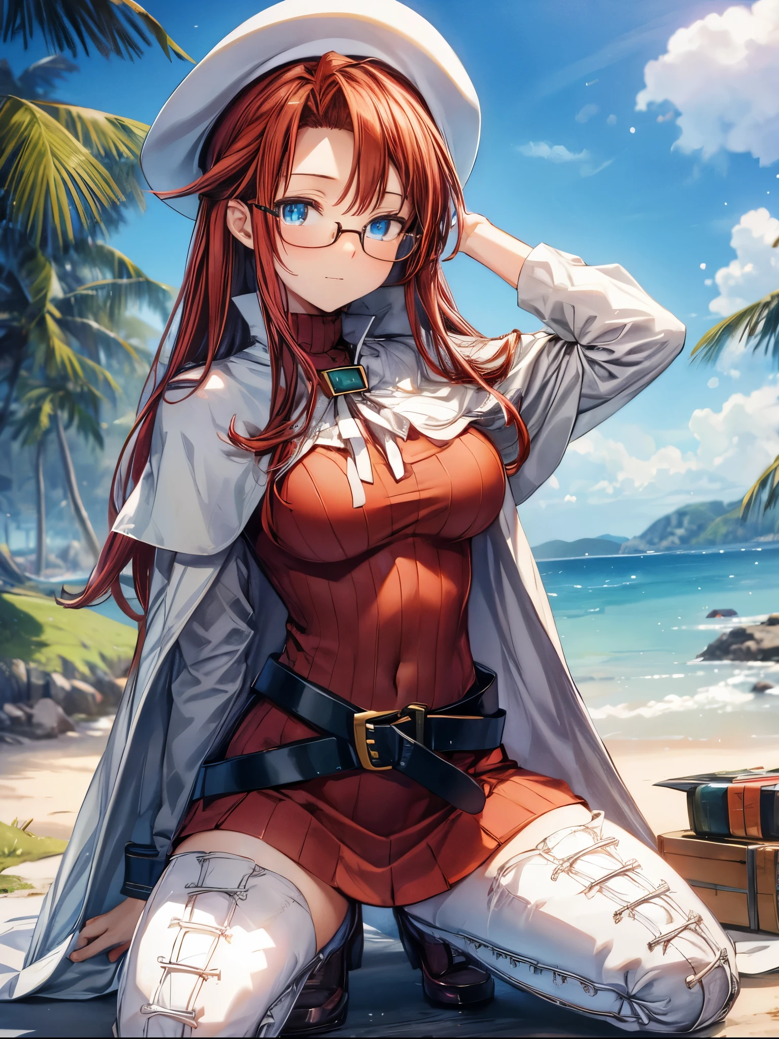 summonnightaty, aty, (young:1.3),long hair, blue eyes, red hair, big_tits, hat, glasses,
BREAK long hair, thighhighs, dress, glasses, belt, cape, sweater, zettai ryouiki, beret, thigh boots, white footwear, ribbed sweater, loose belt,solo,
BREAK outdoors, fantasy,
,Highquality_hads,perfect_fingers,
BREAK (masterpiece:1.2), best quality, high resolution, unity 8k wallpaper, (illustration:0.8), (beautiful detailed eyes:1.6), extremely detailed face, perfect lighting, extremely detailed CG, (perfect hands, perfect anatomy),covered_nipples,covered_navel ,half_eyes,long_sword,sleepy_eyes,red_sweater,apart_knees,spread_legs, book,have_a_book,teacher,rise_knee,light_Smile,rise_hand,open_arms,beach_landscape,,plump,open_mouth, dynamic_posing,solokneeling, slouch,half_eyes,